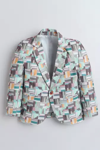 Olivegreen abstract geometrical print polyester spandex blazer