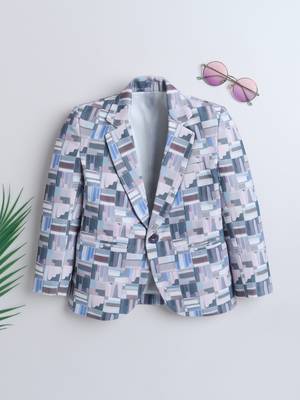Blue abstract geometrical print polyester spandex blazer 1