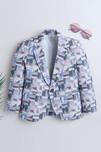 Blue abstract geometrical print polyester spandex blazer