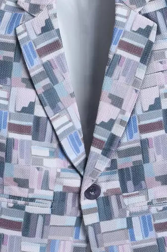 Blue abstract geometrical print polyester spandex blazer