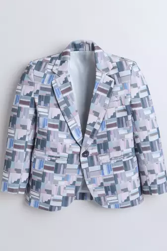 Blue abstract geometrical print polyester spandex blazer