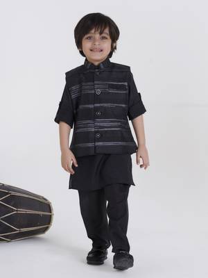 Black woven self pattern jaquard kurta jacket pant set 1