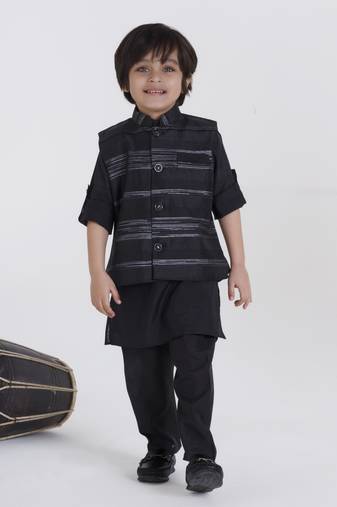 Black woven self pattern jaquard kurta jacket pant set