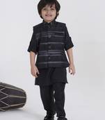 Black woven self pattern jaquard kurta jacket pant set