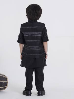 Black woven self pattern jaquard kurta jacket pant set 2