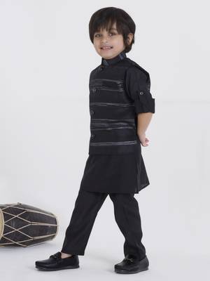 Black woven self pattern jaquard kurta jacket pant set 3