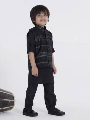 Black woven self pattern jaquard kurta jacket pant set 4