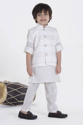 White woven self pattern jaquard kurta jacket pant set