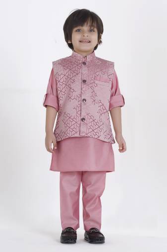 Pink woven self pattern jaquard kurta jacket pant set