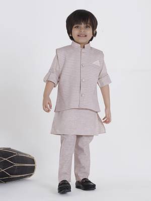 Offwhite woven self pattern stripe jaquard kurta jacket pant set 1