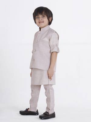 Offwhite woven self pattern stripe jaquard kurta jacket pant set 3