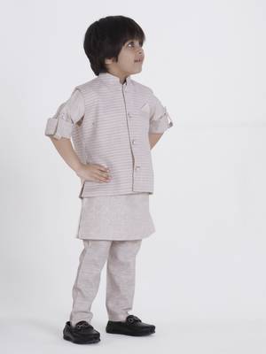 Offwhite woven self pattern stripe jaquard kurta jacket pant set 4