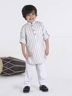Beige stripes woven linen pathani kurta pyjama set 1