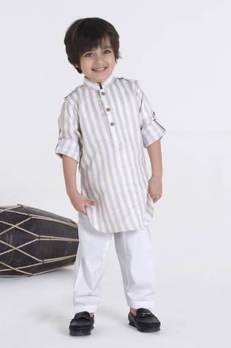 Beige stripes woven linen pathani kurta pyjama set