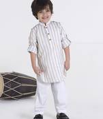 Beige stripes woven linen pathani kurta pyjama set