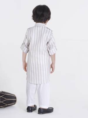 Beige stripes woven linen pathani kurta pyjama set 2