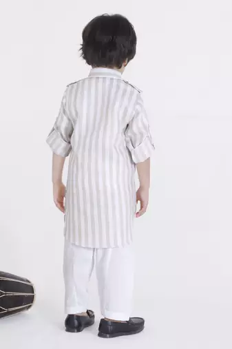 Beige stripes woven linen pathani kurta pyjama set