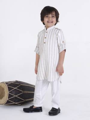Beige stripes woven linen pathani kurta pyjama set 3