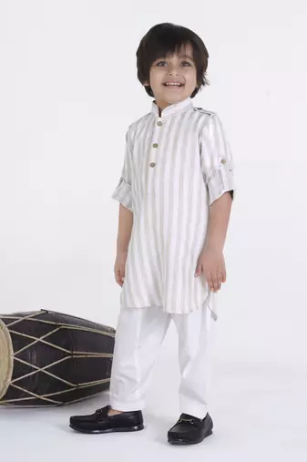 Beige stripes woven linen pathani kurta pyjama set