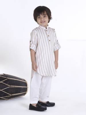 Beige stripes woven linen pathani kurta pyjama set 4