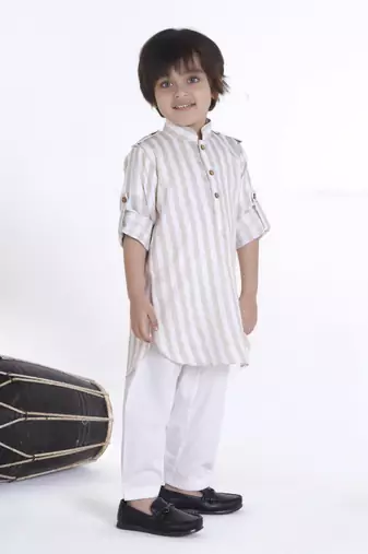 Beige stripes woven linen pathani kurta pyjama set