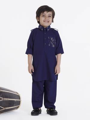 Navyblue solid cotton silk pathani kurta pyjama set 1