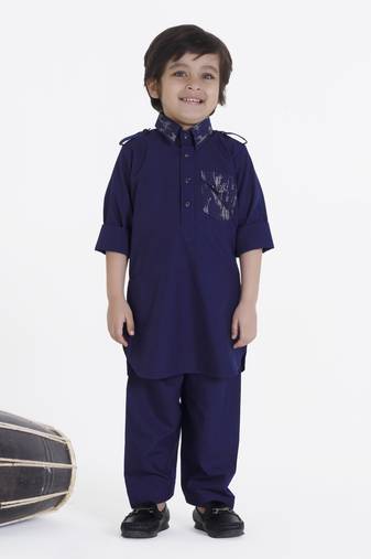 Navyblue solid cotton silk pathani kurta pyjama set