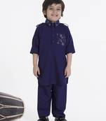 Navyblue solid cotton silk pathani kurta pyjama set