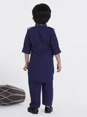 Navyblue solid cotton silk pathani kurta pyjama set 2