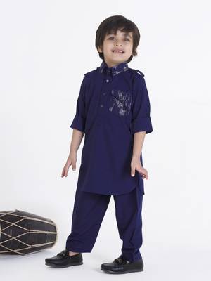 Navyblue solid cotton silk pathani kurta pyjama set 3