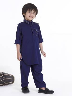 Navyblue solid cotton silk pathani kurta pyjama set 4