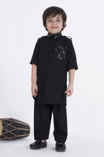 Black solid cotton silk pathani kurta pyjama set