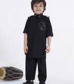 Black solid cotton silk pathani kurta pyjama set