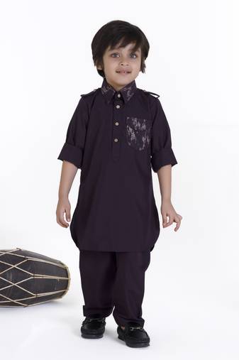 Wine solid cotton silk pathani kurta pyjama set