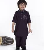 Wine solid cotton silk pathani kurta pyjama set