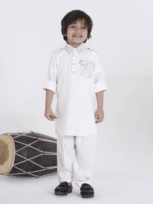 Offwhite solid cotton silk pathani kurta pyjama set 1