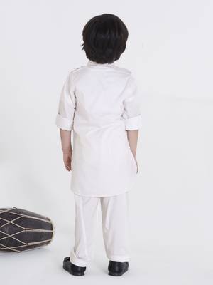 Offwhite solid cotton silk pathani kurta pyjama set 2