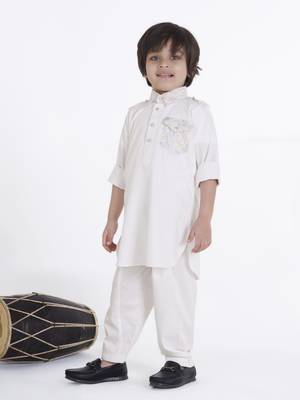Offwhite solid cotton silk pathani kurta pyjama set 3