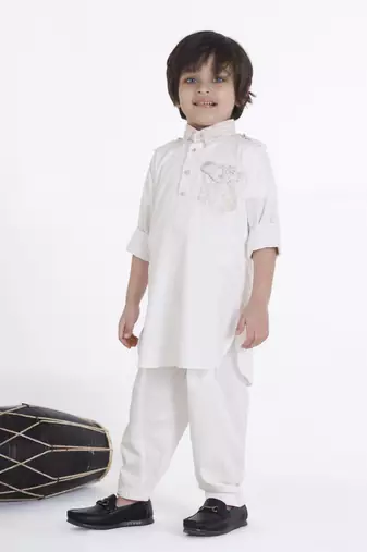 Offwhite solid cotton silk pathani kurta pyjama set