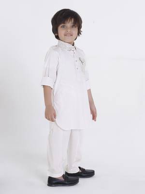 Offwhite solid cotton silk pathani kurta pyjama set 4