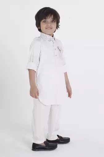 Offwhite solid cotton silk pathani kurta pyjama set