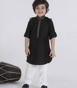 Black solid cotton silk pathani kurta pyjama set