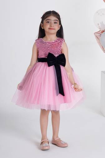 Babypink sequins work net frock