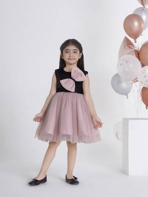 Beige sequins work net frock 1