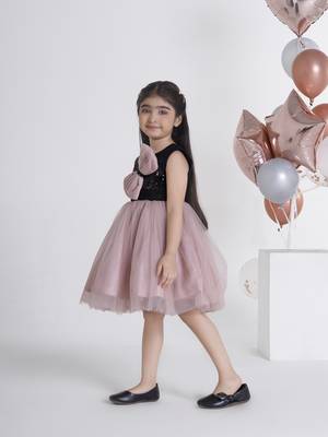 Beige sequins work net frock 3