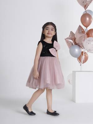 Beige sequins work net frock 4