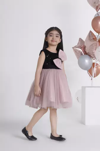 Beige sequins work net frock