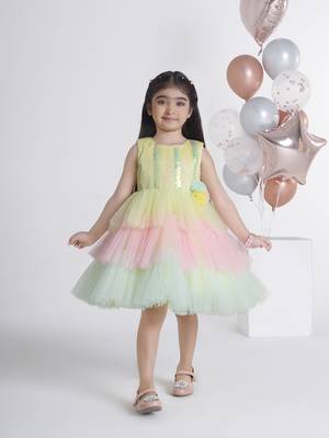 Lemonyellow sequins work net frock 1