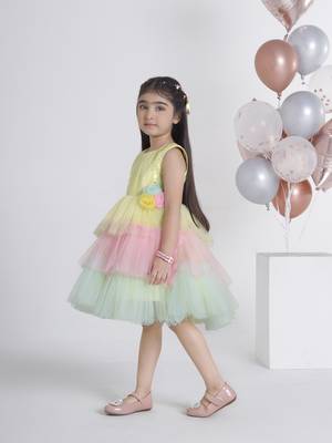 Lemonyellow sequins work net frock 3