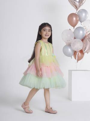 Lemonyellow sequins work net frock 4
